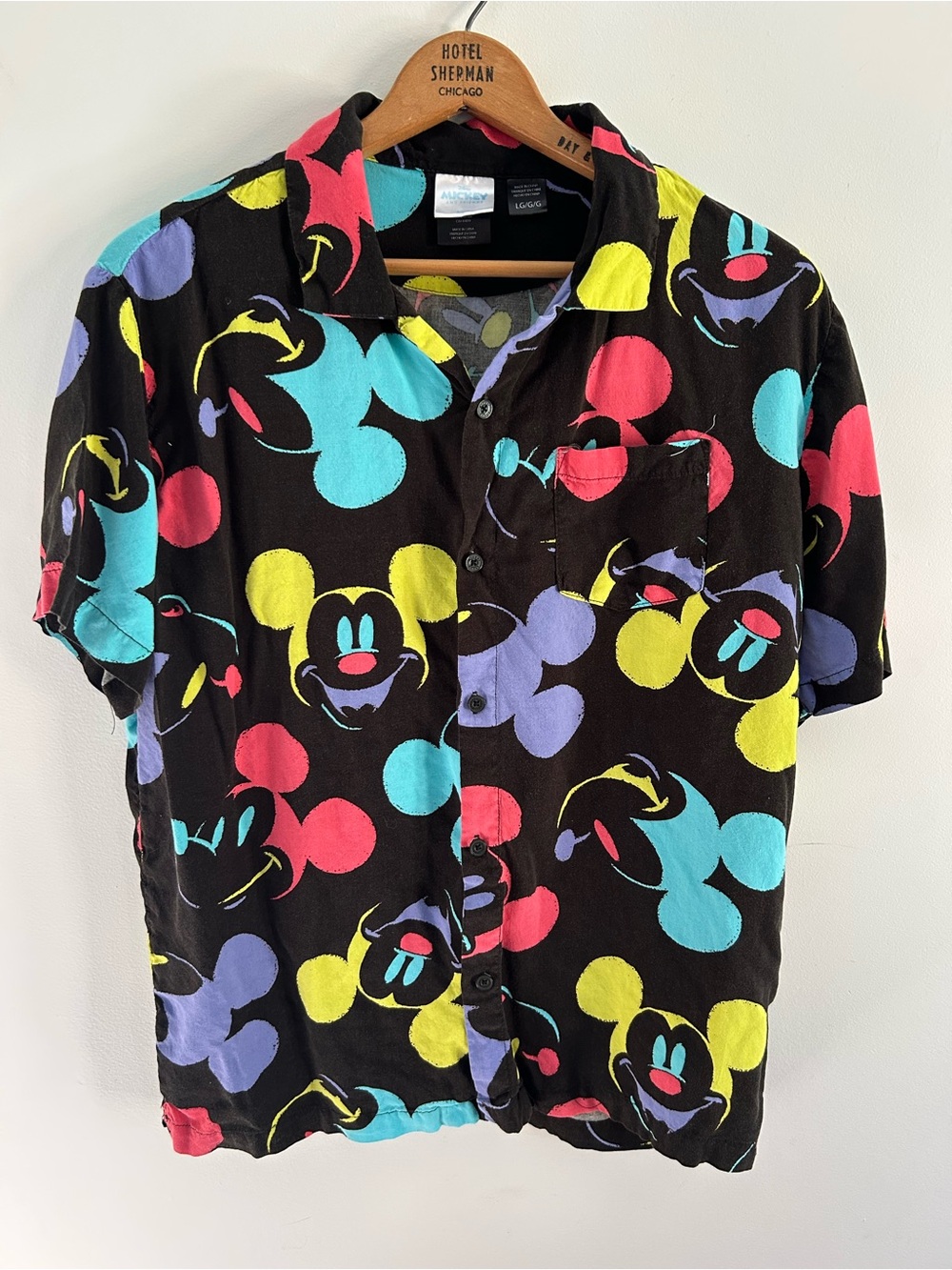Disney Mickey Mouse Neon Pop Art Short Sleeve Button Down Shirt Mens Large